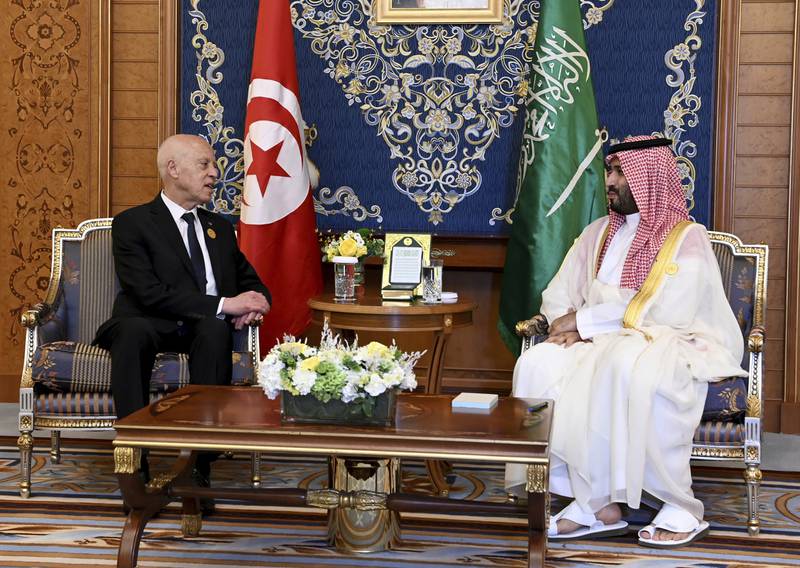 Tunisian President Kais Saied, left, with Saudi Crown Prince Mohammed bin Salman. AP