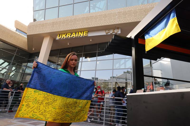 Flags at the Ukraine pavilion in Dubai. AFP