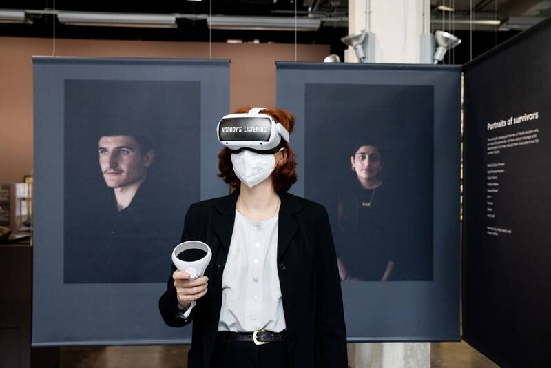 Co-curator Teresa Retzer explores the virtual reality portion of the exhibition. All photos: ZKM Center for Art and Media Karlsruhe