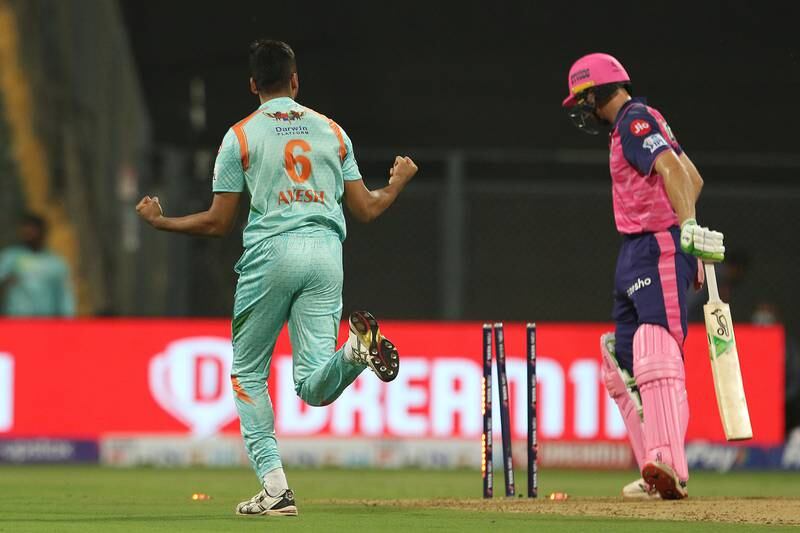 Avesh Khan of Lucknow Super Giants celebrates after taking the wicket of Jos Buttler. Sportzpics for IPL