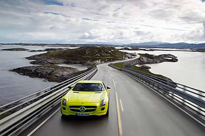 Its flashy shape and wild green hue notwithstanding, the Mercedes-Benz SLS E-Cell supercar turned surprisingly few heads during a test drive in scenic Norway.