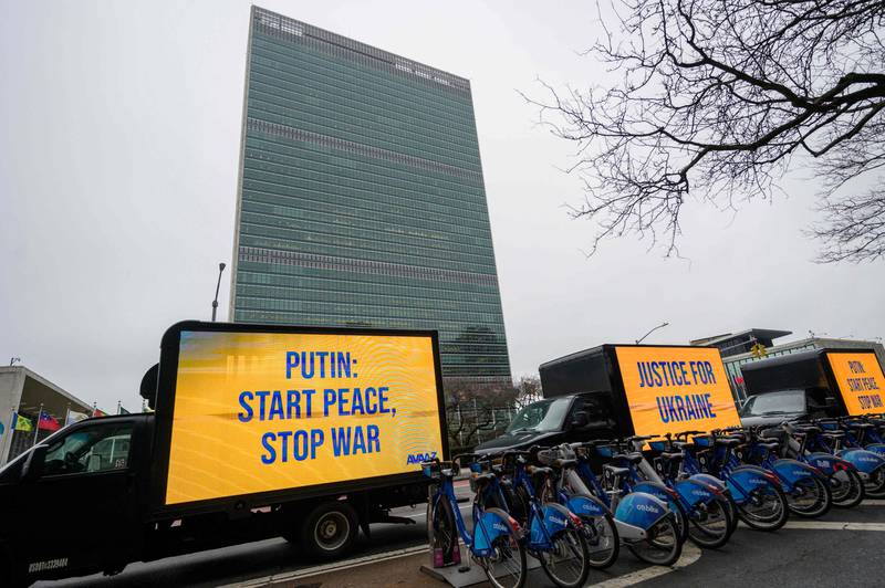 Outside UN headquarters in New York, protesters mark the first anniversary of the war in Ukraine. AFP