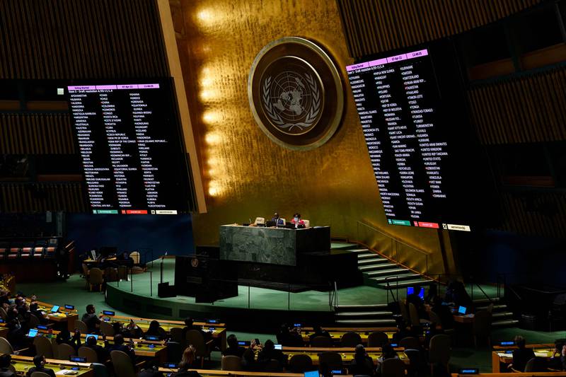 The board showing the passage of the resolution during a UN General Assembly vote on a draft resolution seeking to suspend Russia from the UN Human Rights Council in New York City on April 7, 2022.  AFP