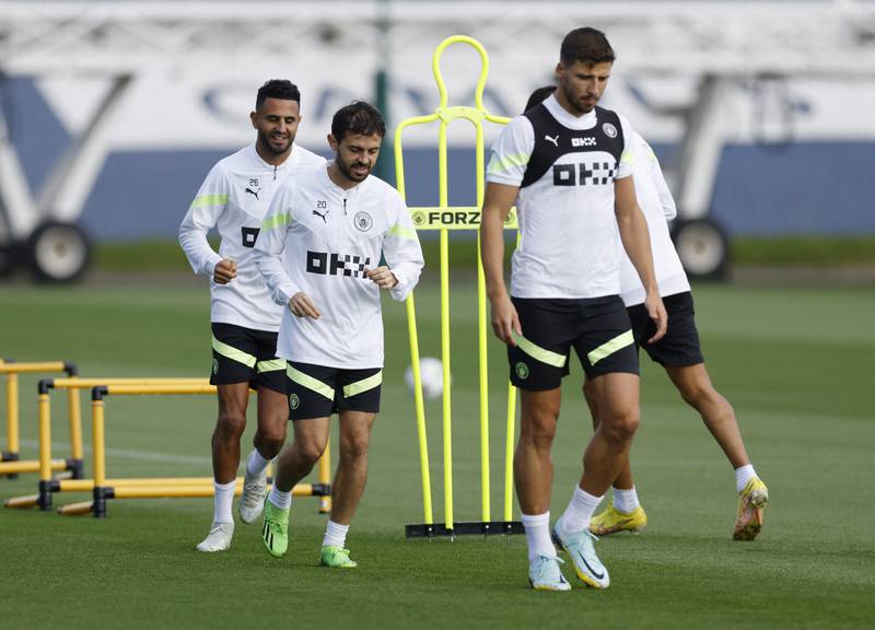City's Bernardo Silva and Riyad Mahrez during training. Reuters 