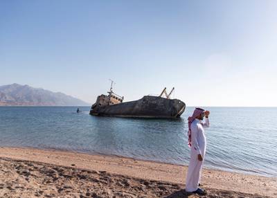 TABUK, KINGDOM OF SAUDI ARABIA. 30 SEPTEMBER 2019. Safinat Haql on the Gulf of Aqabah. 50 kilometers south of the city of Haql, the shipwreck lays.This vessel was built in England after the end of the Second World War, it was launched in 1958 as a cargo liner and at the time of its doomed trip it was carrying a cargo of flour and was owned by the Saudi businessman Amer Mohamad al Sanousi who had purchased the vessel shortly before the accident.(Photo: Reem Mohammed/The National)Reporter:Section: