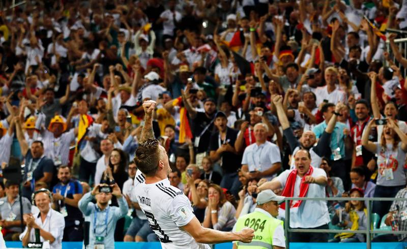 epa06834806 Toni Kroos of Germany celebrates after scoring the winning goal during the FIFA World Cup 2018 group F preliminary round soccer match between Germany and Sweden in Sochi, Russia, 23 June 2018. Germany won 2-1.

(RESTRICTIONS APPLY: Editorial Use Only, not used in association with any commercial entity - Images must not be used in any form of alert service or push service of any kind including via mobile alert services, downloads to mobile devices or MMS messaging - Images must appear as still images and must not emulate match action video footage - No alteration is made to, and no text or image is superimposed over, any published image which: (a) intentionally obscures or removes a sponsor identification image; or (b) adds or overlays the commercial identification of any third party which is not officially associated with the FIFA World Cup)  EPA/RONALD WITTEK   EDITORIAL USE ONLY