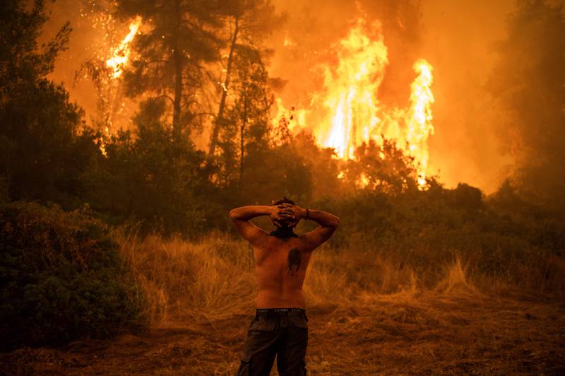 A resident looks on as wildfires engulf woodland on Evia.