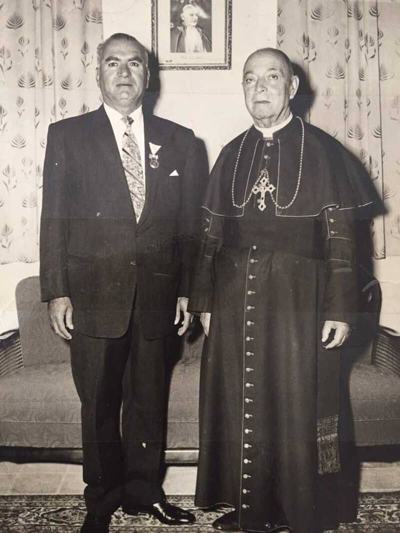 Salman Uchi with Bishop Luigi Magliacani, Apostolic Vicar of Arabia from 1948 to 1969, when he received a papal medal for building the Sacred Heart Church in Manama. Photo: Uchi family