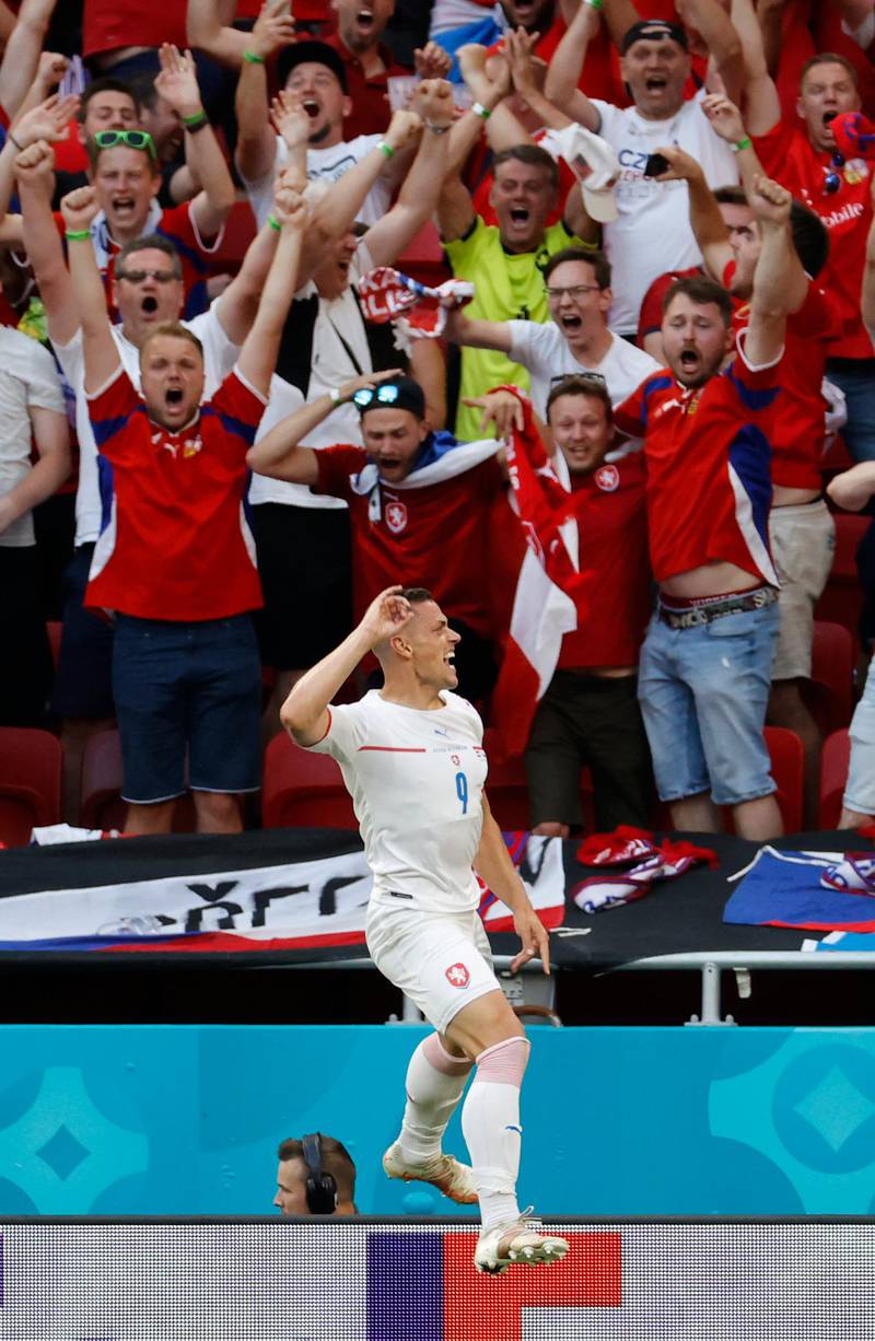 Czech Republic's Tomas Holes celebrates after scoring his sides first goal during the Euro 2020 round of 16 match against the Netherlands at the Puskas Arena in Budapest, Hungary, on Sunday, June 27, 2021. AP