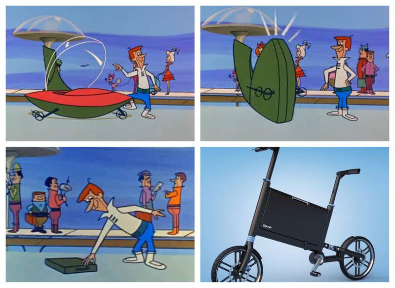 Rocket in a briefcase: We might not quite be at a tech-age when we can pack our spaceship into a briefcase, but plenty of other modes of transport can be, including bikes, strollers and electric scooters. Courtesy Bikoff, Hanna-Barbera Productions