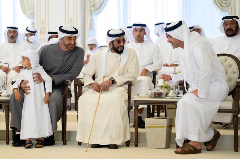 President Sheikh Mohamed hosts a Sea Palace barza in Abu Dhabi. The President is seen with Sheikh Zayed bin Theyab bin Mohamed, left, Sheikh Tahnoun bin Mohammed, Ruler's Representative in Al Ain Region, and Sheikh Hazza bin Zayed, Vice Chairman of the Abu Dhabi Executive Council.