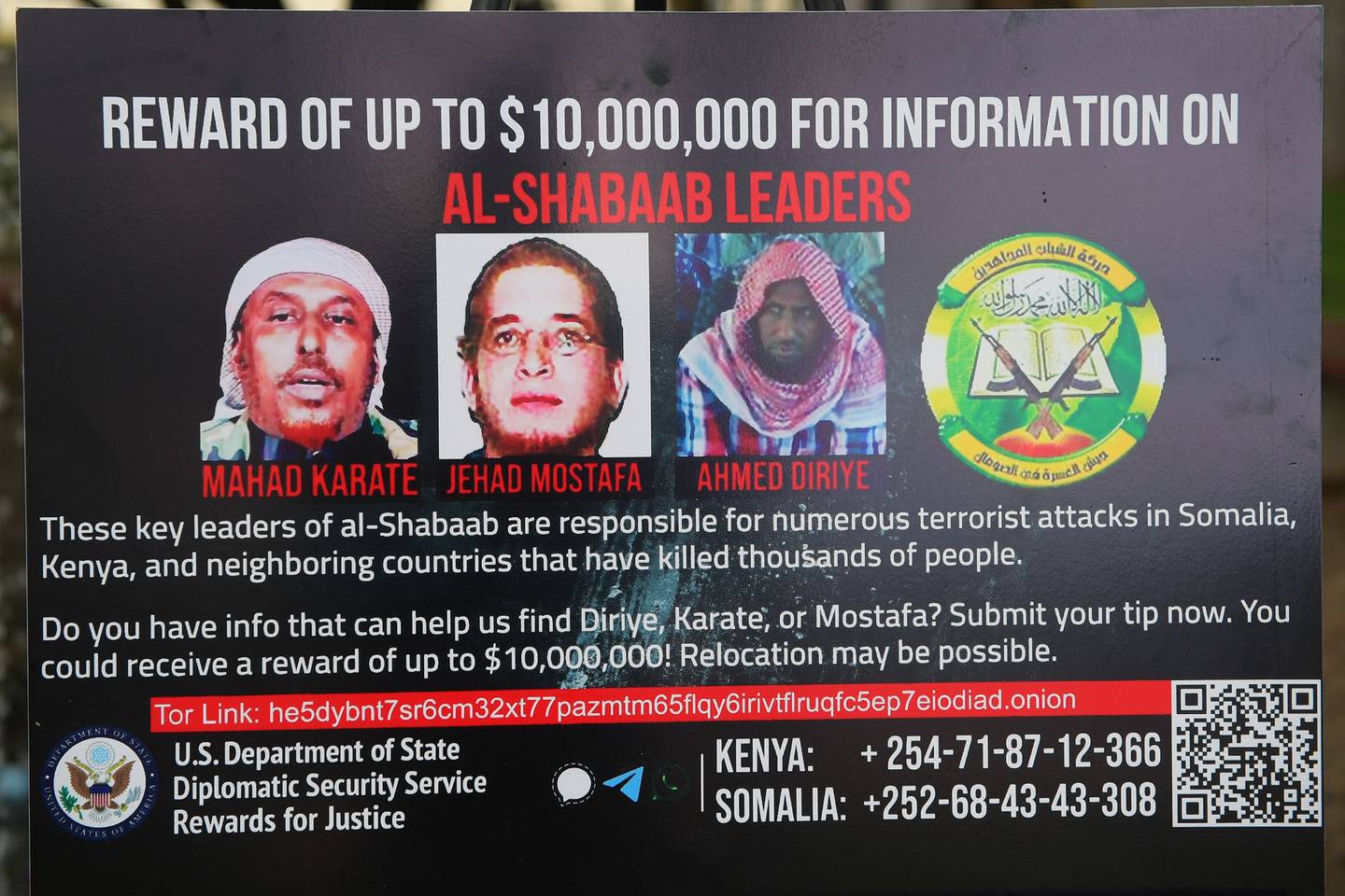 En plus des récompenses pour l'aide à la capture des dirigeants d'Al Shabab, les États-Unis offrent jusqu'à 10 millions de dollars pour des informations qui aident à perturber les finances du groupe extrémiste.  AFP