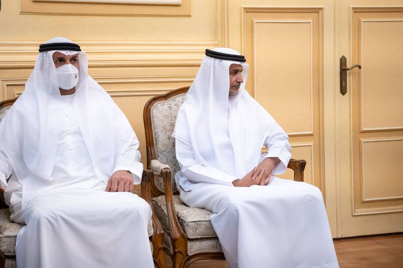 Mohamed Al Mazrouei, undersecretary of the Abu Dhabi Crown Prince Court, left, and Ali Al Shamsi, deputy secretary general of the Supreme National Security Council, attend the meeting with Mr El Sisi. Photo: Ministry of Presidential Affairs