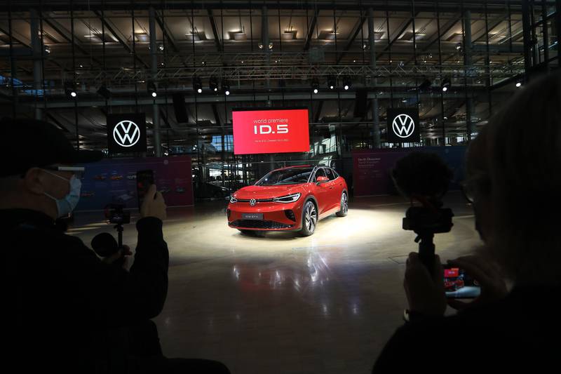 The Volkswagen ID. 5 GTX all-electric automobile at the world unveiling at the Volkswagen AG (VW) auto plant in Dresden, Germany, on Wednesday, Nov.  3, 2021.  VW plans to churn out vehicles based on its dedicated electric-car platform at eight factories worldwide by 2022, with Europe and China accounting for the biggest chunk of production. Photographer: Krisztian Bocsi / Bloomberg
