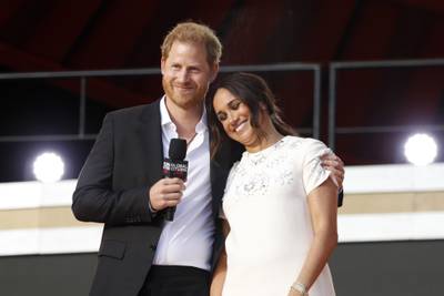 Prince Harry and Meghan speak during a Global Citizen Live event in New York, in September 2021. AFP