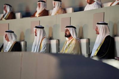Sheikh Mohammed bin Rashid, Vice President and Ruler of Dubai, and Sheikh Mohamed bin Zayed, Crown Prince of Abu Dhabi and Deputy Supreme Commander of the Armed Forces watch the UAE's 50th National Day celebrations in Hatta