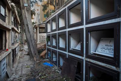 Structural damage, caused by Tuesday's massive explosion that rocked the city, is visible at St Michel Maronite Churchs cemetery in Beirut, Lebanon. Getty Images