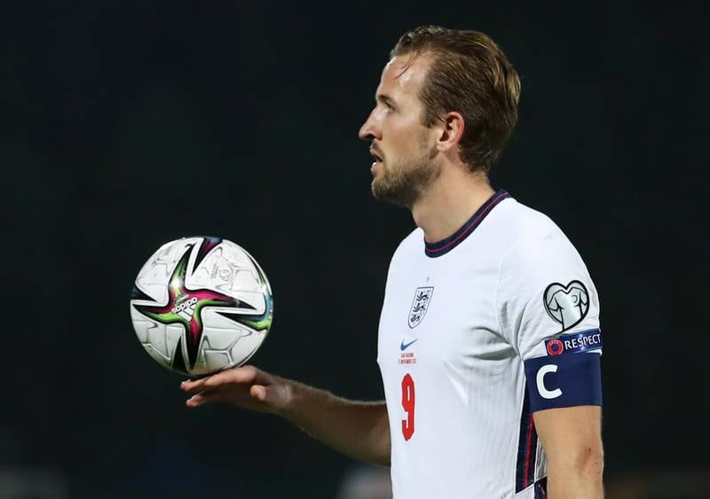 England's Harry Kane with the match ball at half time after scoring four goals. Reuters