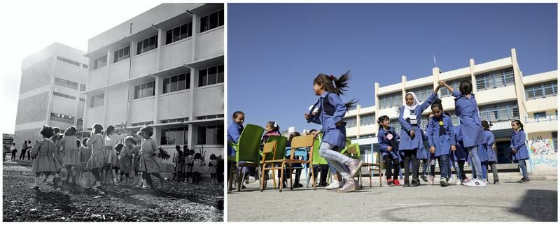 A combination picture shows Palestinian refugee students playing in their schoolyard in Amman New camp, Jordan, in this handout picture believed to be taken in 1969. UNRWA/George Nehmeh/Handout via REUTERS (L) and Palestinian refugee schoolchildren playing at one of the UNRWA schools in Amman New camp (al Wehdat), in Amman, Jordan, September 26, 2019. REUTERS/Muhammad Hamed  ATTENTION EDITORS - THIS IMAGE WAS PROVIDED BY A THIRD PARTY. NO RESALES. NO ARCHIVES SEARCH "UNRWA COMBOS" FOR THIS STORY. SEARCH "WIDER IMAGE" FOR ALL STORIES.