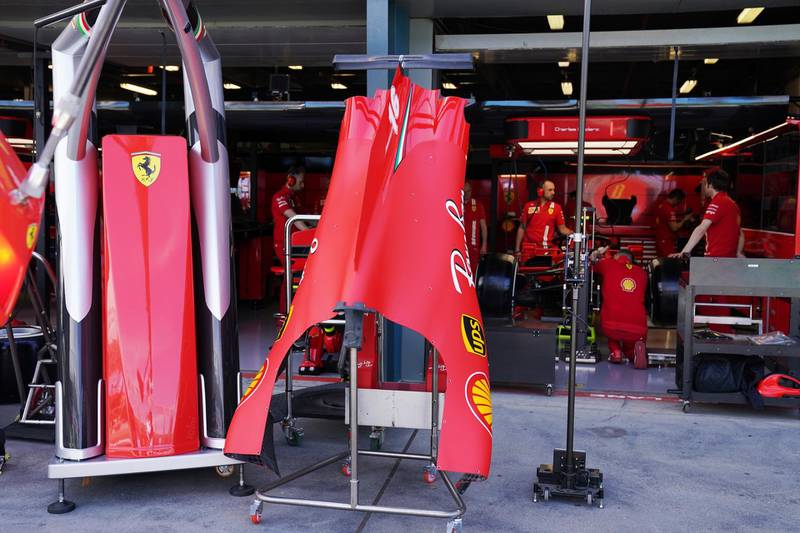 The Ferrari team pit  ahead of the Formula 1 Australian Grand Prix 2020.