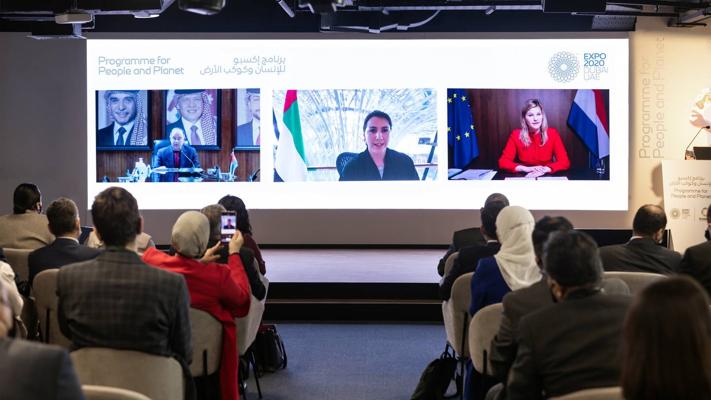 The UAE, Jordan, Netherlands Trilateral Summit at Expo 2020. From left to right: Mohammad Al Najjar, Jordan's Minister of Water and Irrigation, Mariam Al Mheiri, UAE's Minister of Climate Change and Environment and Minister of State for Food Security and Liesje Schreinemacher, the Netherlands' Minister for Foreign Trade. Photo: Nexus Pavilion at Expo 2020 Dubai