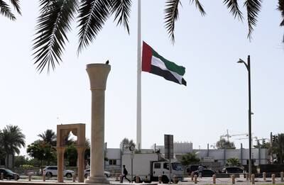 As the country mourns the death of President Sheikh Khalifa, the UAE flag flies at half-staff outside Union House in Dubai. This is where the country's flag was hoisted for the first time in 1971. Pawan Singh / The National