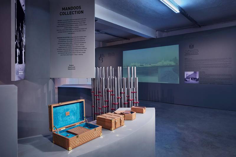 Aljoud Lootah&#39;s Manddos collection, in the foreground, and, in the backgeound,&nbsp;Tie-In,&nbsp;a modular steel tube and node system that can be used to create room dividers and tables. Courtesy D3