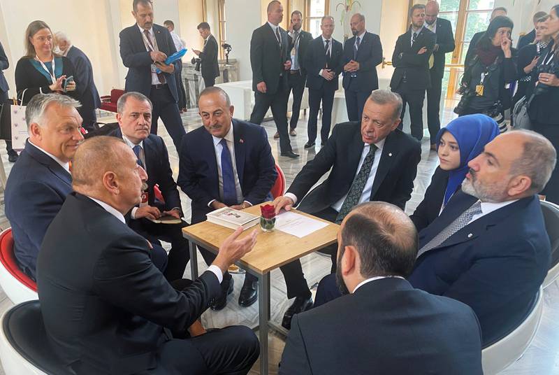 Turkish President Recep Tayyip Erdogan speaks to Azerbaijan's President Ilham Aliyev, Armenia's Prime Minister Nikol Pashinyan and Hungarian Prime Minister Viktor Orban. Reuters