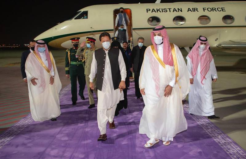 Saudi Crown Prince Mohammed bin Salman welcomes Pakistan's Prime Minister Imran Khan at King Abdulaziz International Airport. Saudi Press Agency