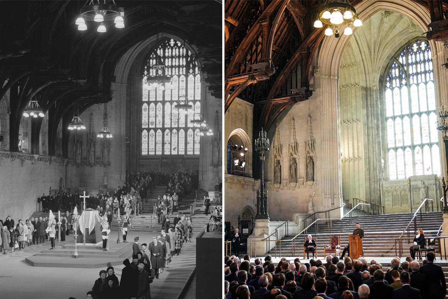 Left: Winston Churchill during his lying-in-state in Westminster Hall in 1965. Right: Ukraine's President Volodymyr Zelensky addresses British MPs in Westminster Hall. Getty Images / AFP