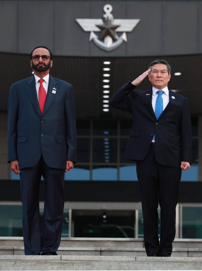 South Korean defence minister Jeong Kyeong-doo and the UAE's defence minister Mohammed Al Bawardi attend a welcoming ceremony in Seoul.