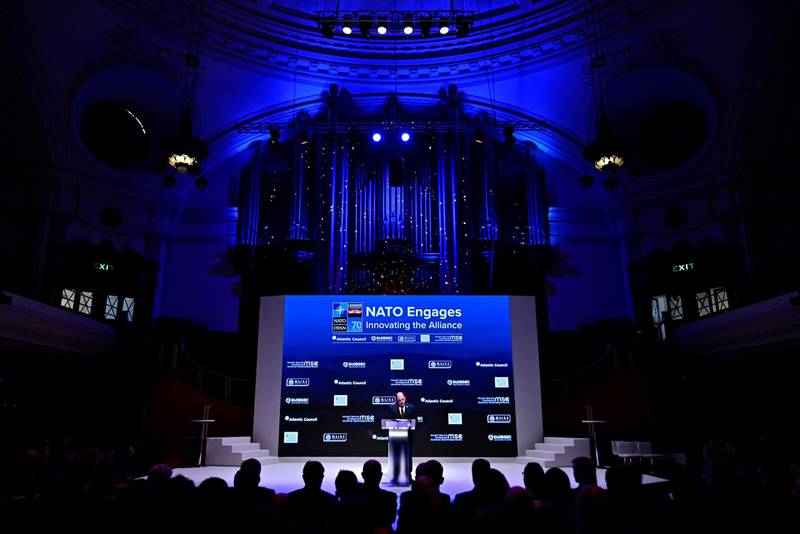 Britain's Defence Secretary Ben Wallace speaks at the official NATO outreach event, 'Nato Engages' in central London. AFP