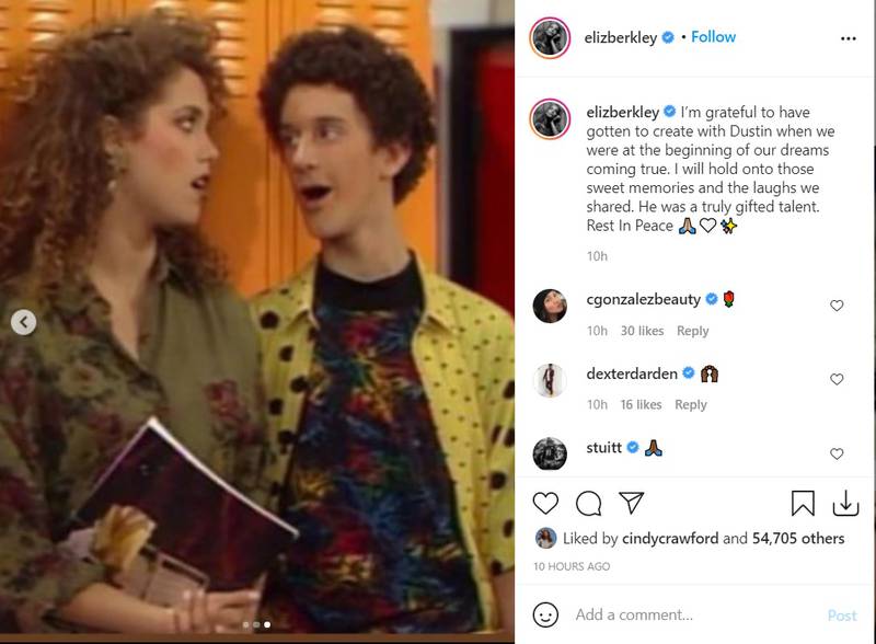 Elizabeth Berkley, who played Jessie Spano in 'Saved By the Bell', called Dustin Diamond a 'true gifted talent'. Instagram