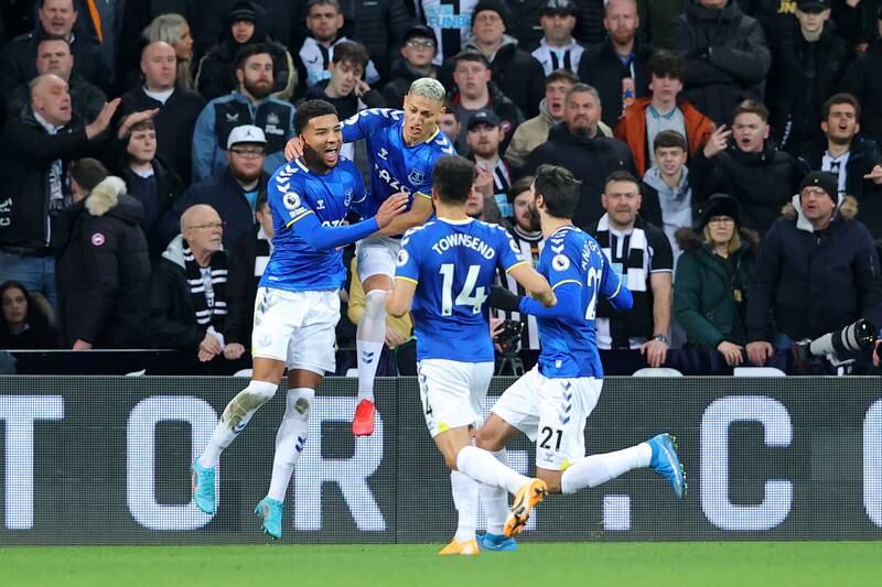 Everton celebrate after Newcastle defender Jamaal Lascelles scored an own goal. Getty