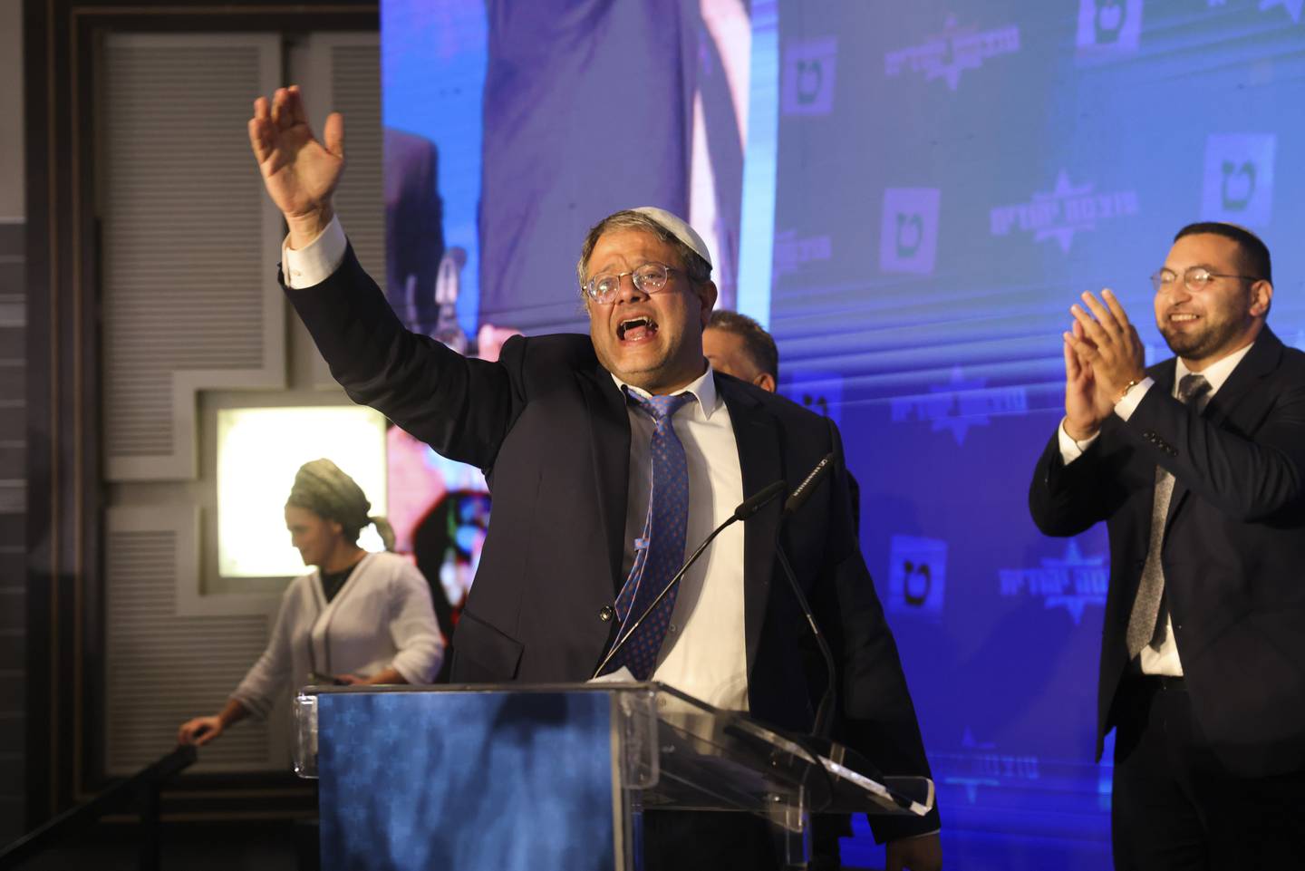  Israeli far-right politician Itamar Ben-Gvir celebrates his party's success in the elections. AP