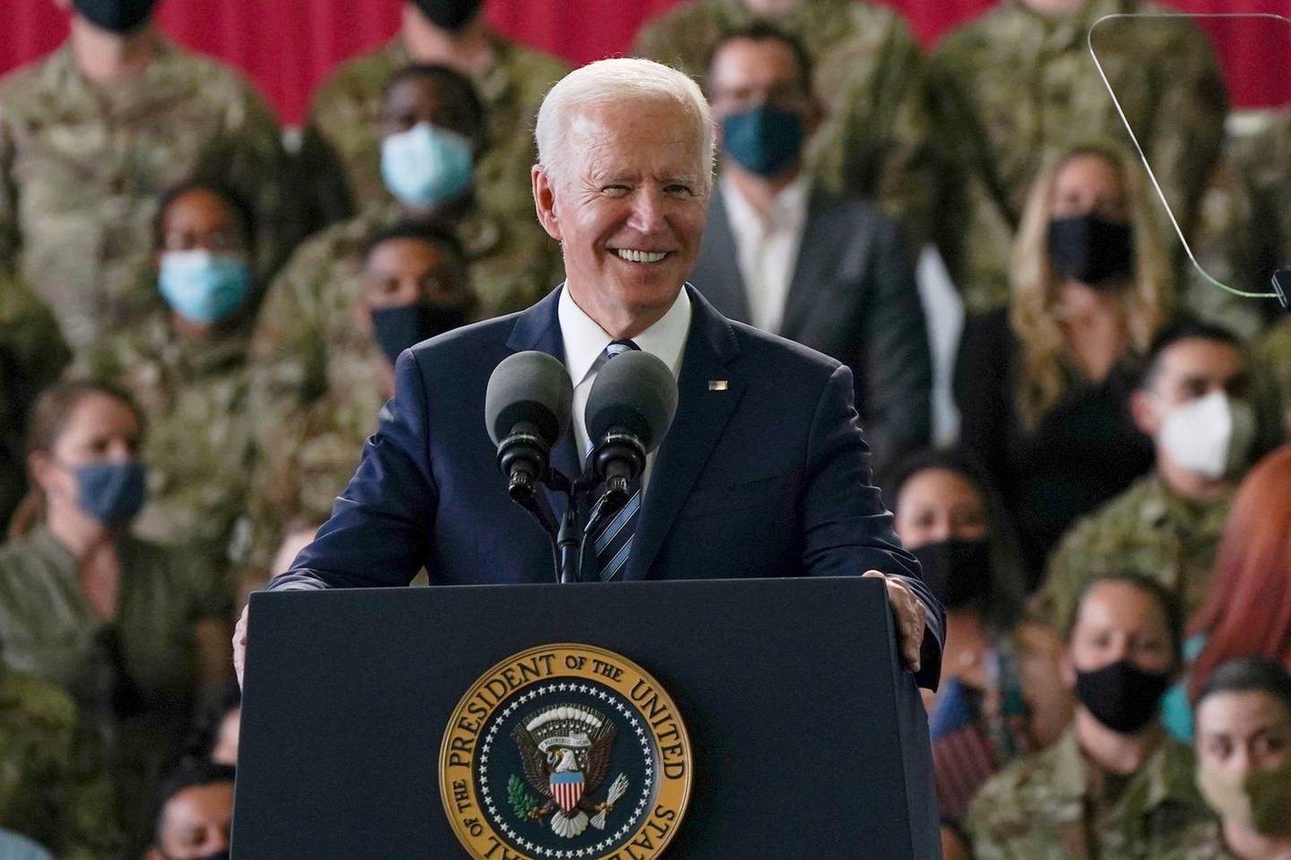 MILDENHALL, ENGLAND - JUNE 09: (Alternate crop pf #1233361258) US President Joe Biden addresses US Air Force personnel at RAF Mildenhall in Suffolk, ahead of the G7 summit in Cornwall, on June 9, 2021 in Mildenhall, England. On June 11, Prime Minister Boris Johnson will host the Group of Seven leaders at a three-day summit in Cornwall, as the wealthiest nations look to chart a course for recovery from the global pandemic. (Photo by Joe Giddens - WPA Pool/Getty Images)