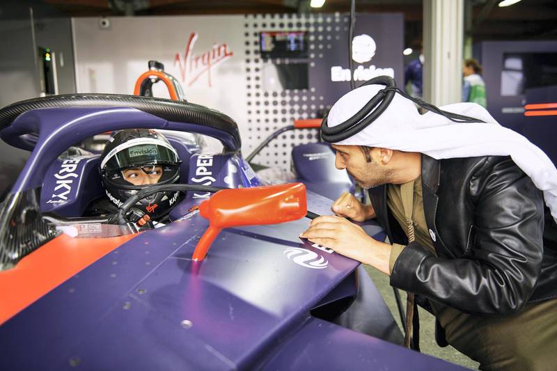 RIYADH, SAUDI ARABIA - DECEMBER 16: Amna Al Qubaisi and Khaled Al Qubaisi attend the Formula E rookie test at Ad Diriyah on December 16, 2018 in Riyadh, Saudi Arabia. On this day, Kaspersky Lab sponsored Emirati racer Amna Al Qubaisi attends the Formula E rookie test in Saudi Arabia and takes the driving seat with Kaspersky Lab sponsored Envision Virgin Racing Formula E Team.  Amna Al Qubaisi is the first-ever female Emirati racing driver, joining the in-season rookie test among one of the most exciting and competitive line-ups of female drivers ever seen in motorsport. For info visit www.kaspersky.com December 16, 2018, in Ad Diriyah, Saudi Arabia. Ciao  (Photo by Guido De Bortoli/Getty Images Kaspersky Lab)