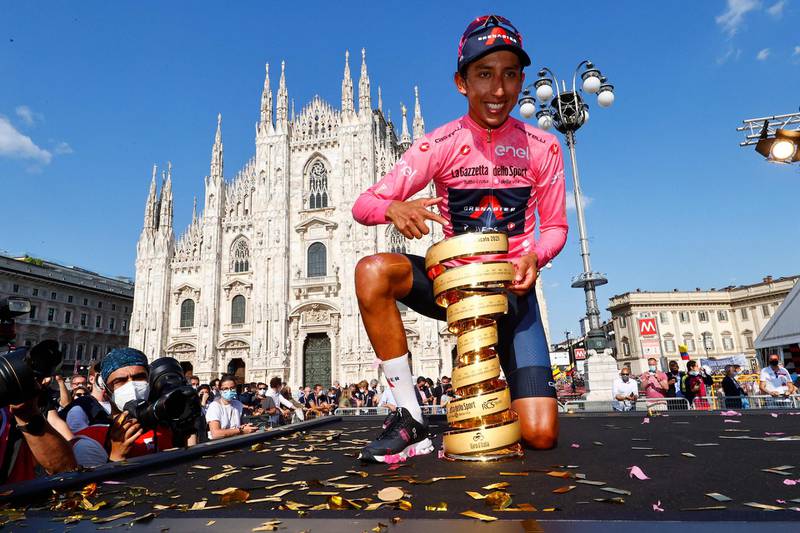 Team Ineos rider Egan Bernal celebrates after winning the Giro d'Italia on Sunday. AFP