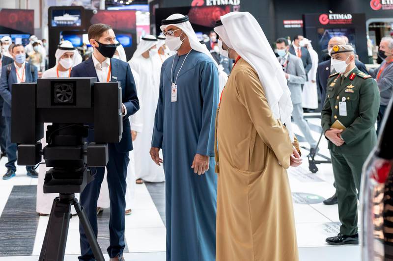 ABU DHABI, UNITED ARAB EMIRATES - February 22, 2021: HH Sheikh Mohamed bin Zayed Al Nahyan, Crown Prince of Abu Dhabi and Deputy Supreme Commander of the UAE Armed Forces (C) tours the International Defence Exhibition and Conference (IDEX), at ADNEC. Seen with Faisal Al Bannai, Chief Executive and Managing Director of EDGE (R).

( Saeed Al Mehairi / Ministry of Presidential Affairs )
---