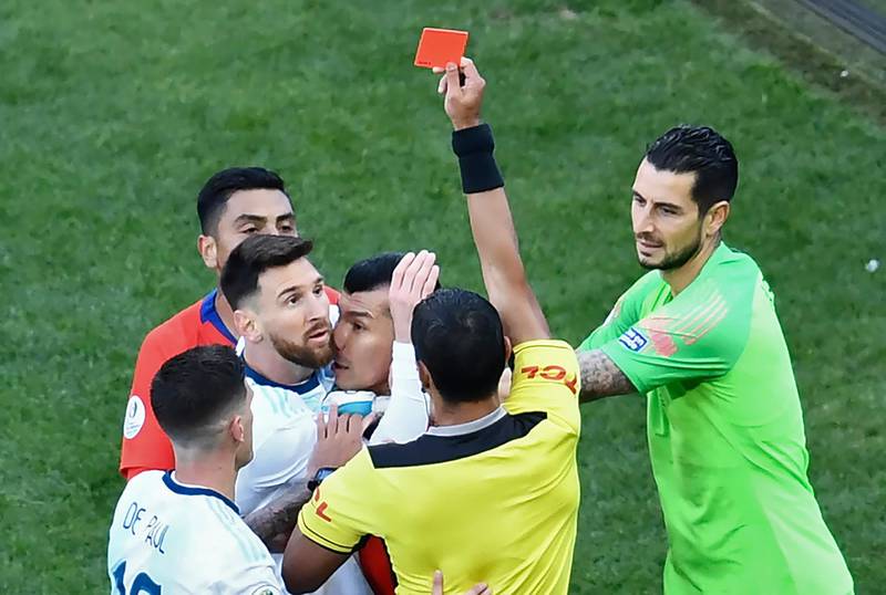 Argentina's Lionel Messi and Chile's Gary Medel are both shown a red card during the third-place play-off. AFP