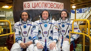 Nasa astronaut Frank Rubio, left, Roscosmos cosmonaut Sergey Prokopyev, centre, and Roscosmos cosmonaut Dmitri Petelin at the Baikonur Cosmodrome in Kazakhstan. Nasa / Victor Zelentsov
