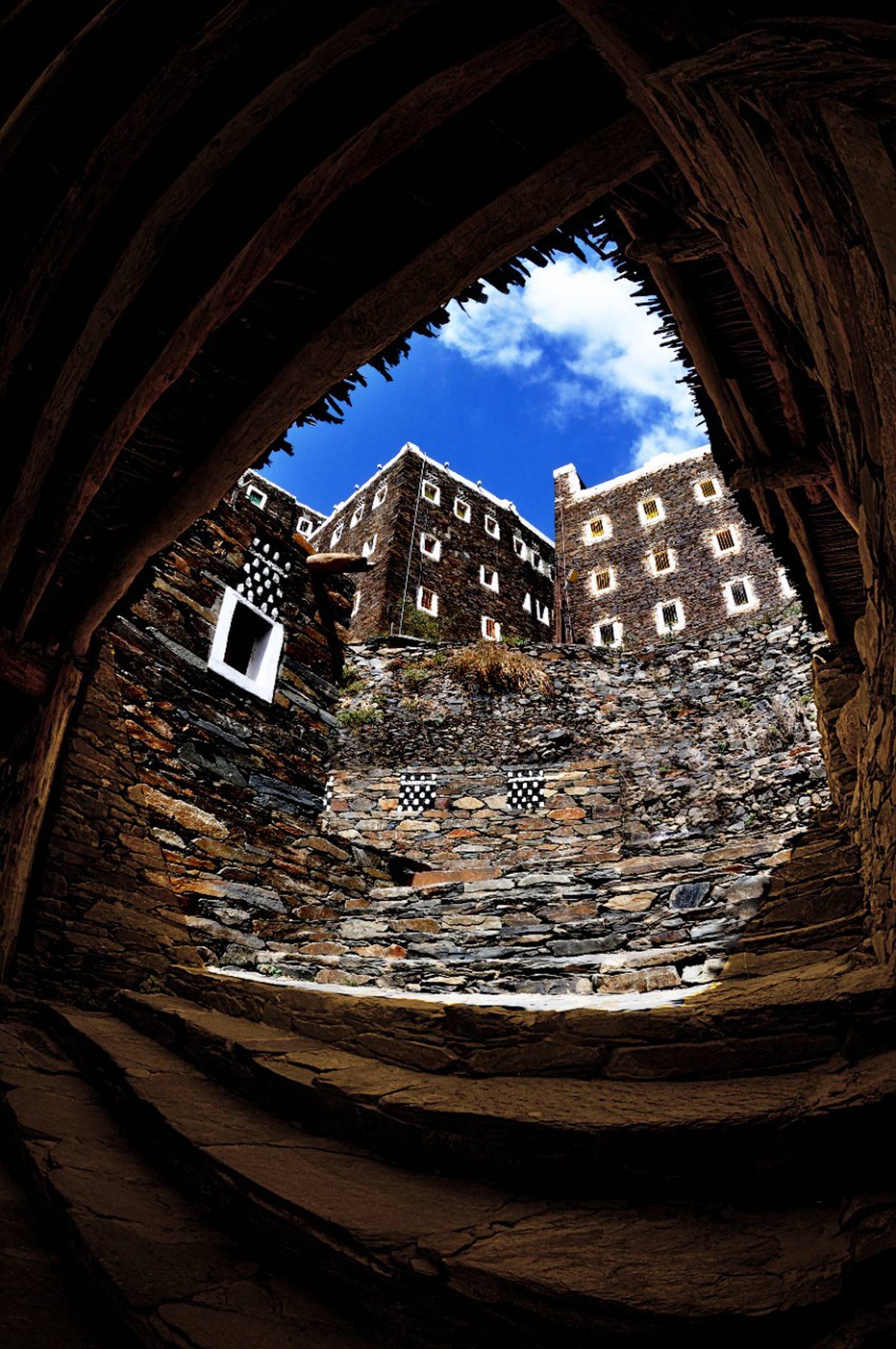 Rijal Almaa consists of several towering houses and palaces, each constructed out of natural stone clay and wood. Photo: Visit Saudi