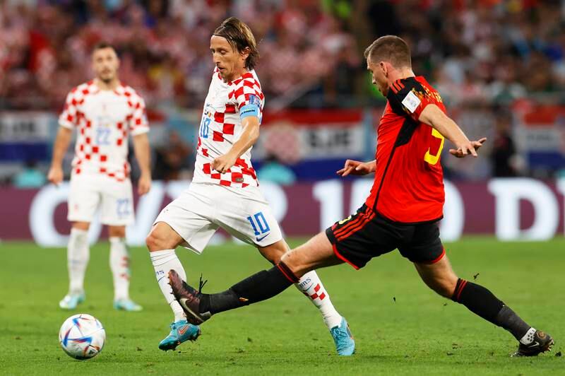 Luka Modric of Croatia vies for the ball with Jan Vertonghen of Belgium during their World Cup match at the Ahmad bin Ali Stadium on Thursday, December 1, 2022. EPA