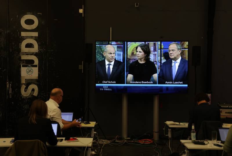 Rival candidates Olaf Scholz, Annalena Baerbock and Armin Laschet go head-to-head in the TV debate. Getty