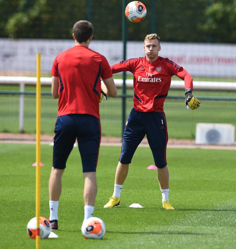 ST ALBANS, ENGLAND - MAY 22: Bernd Leno of Arsenal during a training session at London Colney on May 22, 2020 in St Albans, England. (Photo by Stuart MacFarlane/Arsenal FC via Getty Images)
