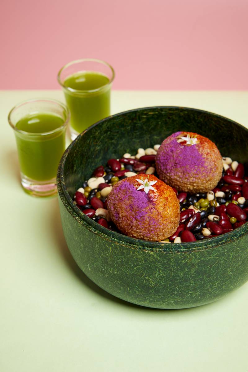 Pani puri dusted with hibiscus powder and filled with Hokkaido white mousse at Ms Maria and Mr Singh. Photo: Ms Maria and Mr Singh