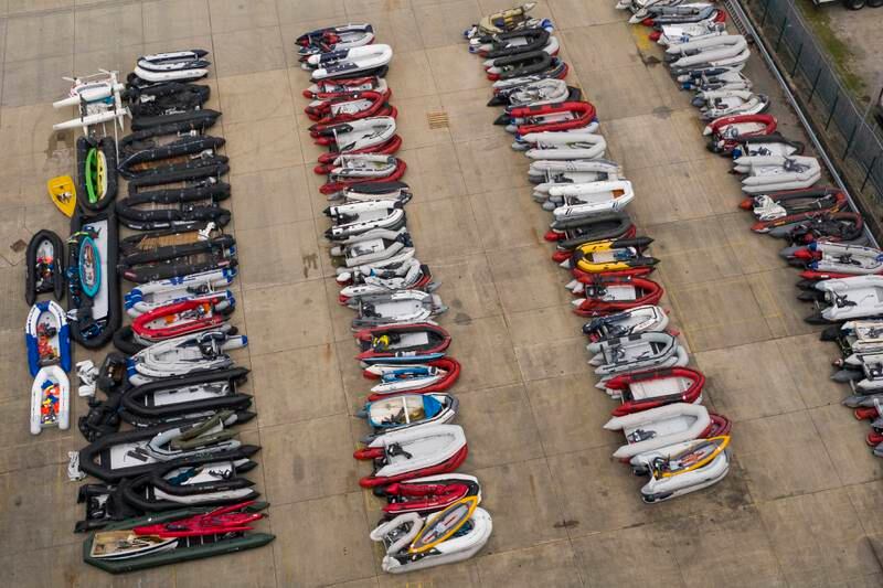 A storage yard in Dover for the dinghies, ribs and rowing boats previously used by migrants to cross the English Channel from France, pictured in August last year. Getty Images