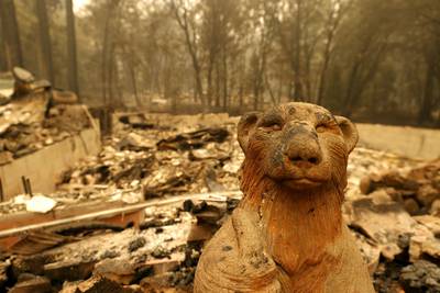 A statue of an animal stands in front of a home that was destroyed by the Dixie Fire in Indian Falls, California.