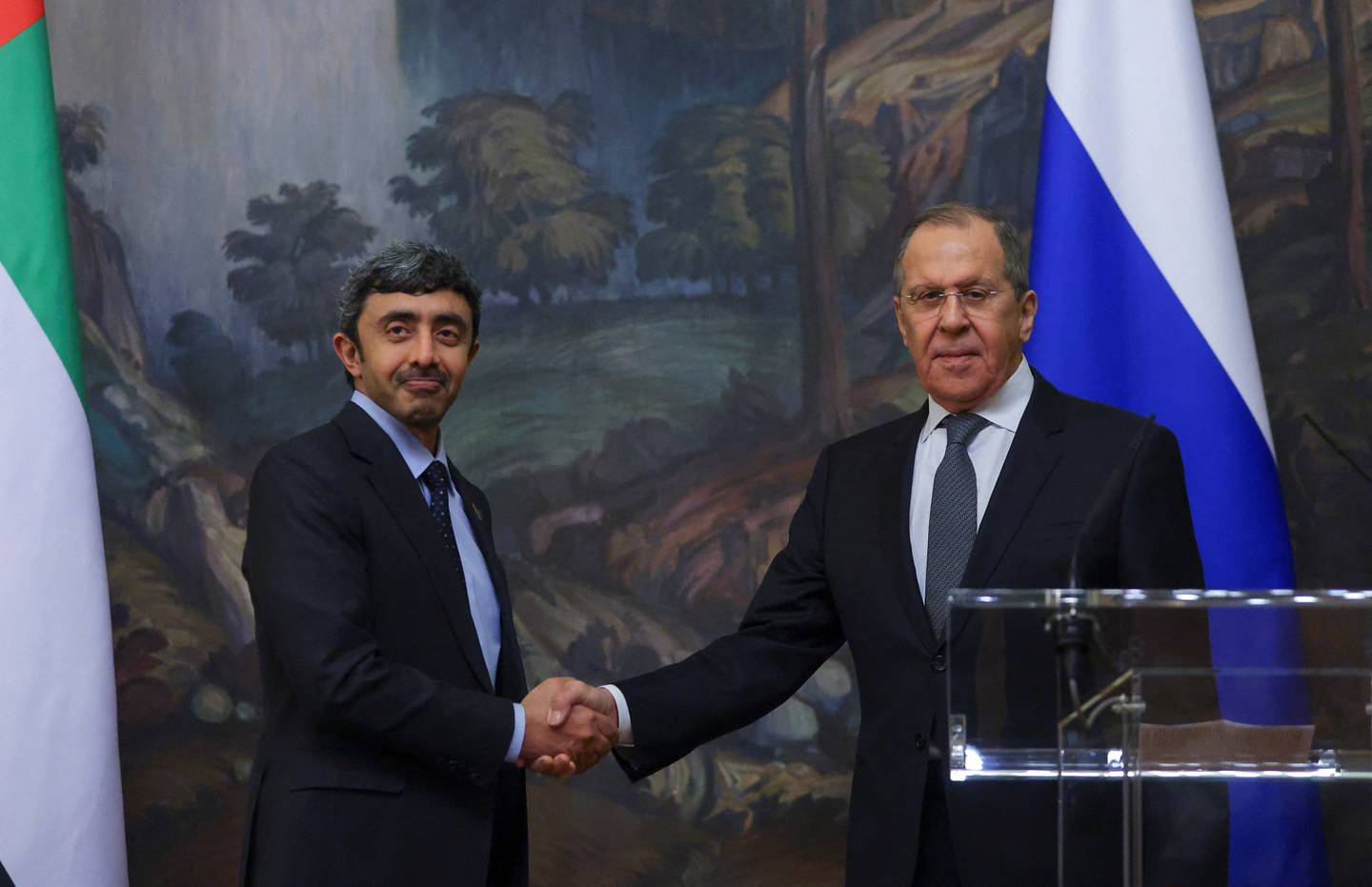 Russia's Foreign Minister Sergei Lavrov shakes hands with UAE Minister of Foreign Affairs and International Co-Operation Sheikh Abdullah bin Zayed during a news conference following their talks in Moscow.  Reuters