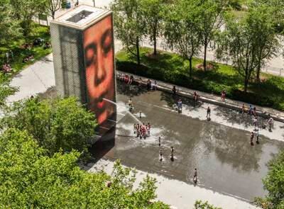 The Crown Fountain and wading pool in Chicago, Illinois during a heatwave where warnings and advisories have been issued that affect more than 100,000 people as record-breaking temperatures threaten lives and power grids. EPA